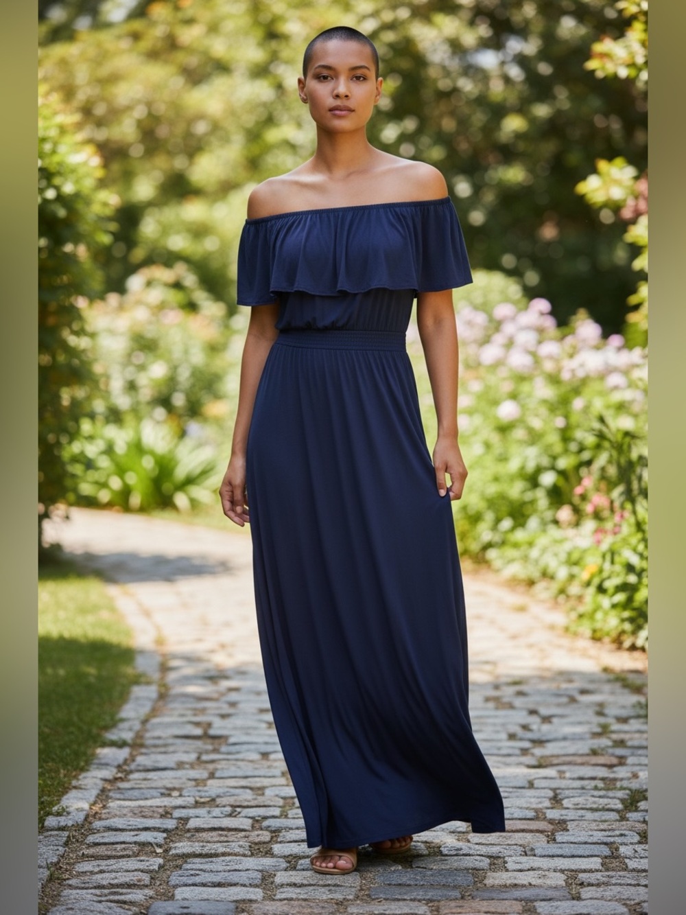 Women’s Navy Blue Off-the-Shoulder Ruffle Maxi Dress – Size Large
